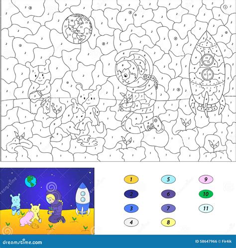 Color By Number Educational Game For Kids Astronaut And Aliens Stock