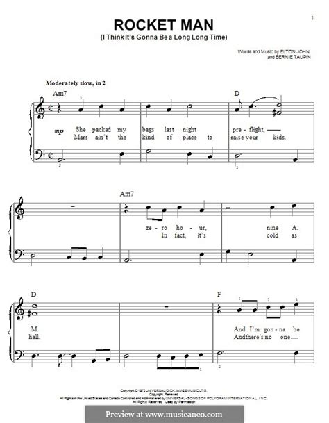 Beginner sheet music for piano, melodica. Rocket Man (I Think It's Gonna Be a Long Long Time) by E. John on MusicaNeo