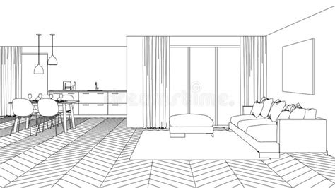 Modern House Interior Design Project Sketch Stock Illustration