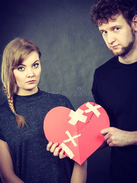 Sad Couple Holds Broken Heart Stock Image Image Of Symbol Love 281697081