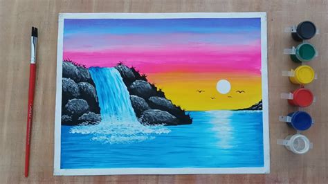 20 Rs Watercolor Painting Sunset Waterfall Scenery Drawing Step By