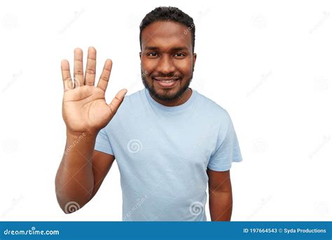 Smiling African American Young Man Waving Hand Stock Image Image Of