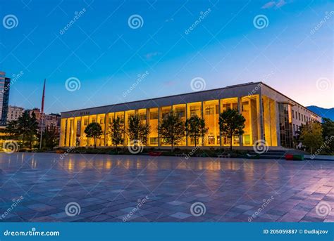 Sunrise View Of The Palace Of Culture On Skanderbeg Square In Tirana