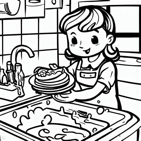 Washing Dish In The Kitchen Coloring Pages In 2024 Coloring Pages Black And White Cartoon