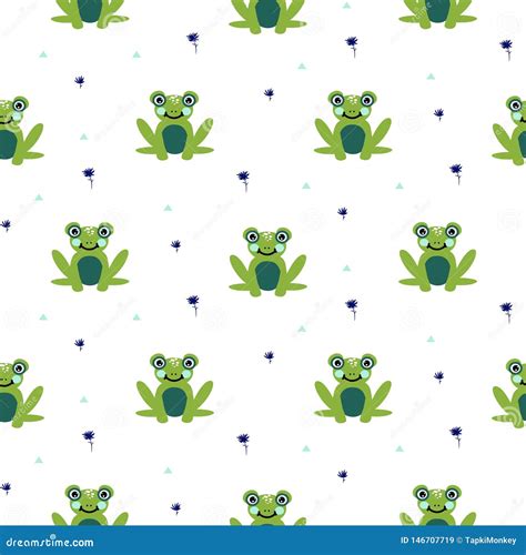 Frogs Seamless Vector Pattern Cute Green Animal Bold Print On White