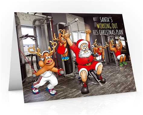 Gym Christmas Card Funny Design Of Santa And His Reindeers Working Out