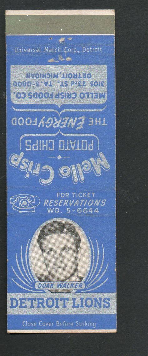 Detroit Lions Nfl Football Card Matchcover Doak Walker Detroit