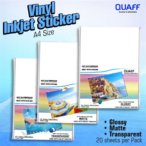 Quaff Vinyl Inkjet Sticker A4 Size Glossy Matte Transparent 20 Sheets