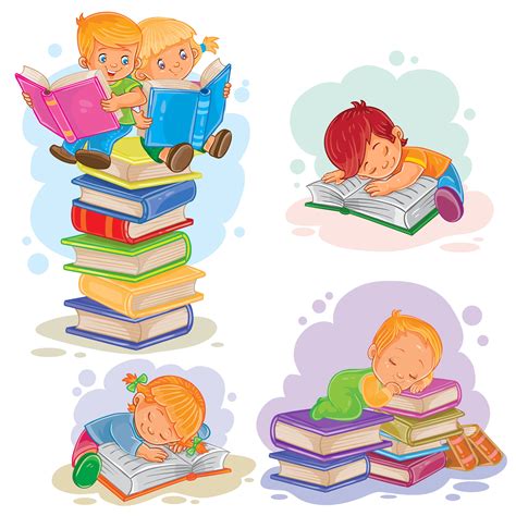 Set Icons Of Small Children Reading A Book Download Free Vectors