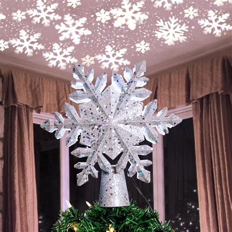 Christmas Tree Topper Lighted With White Snowflake Projector Rotating