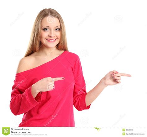 Young Excited Woman Point Finger Showing Something Royalty Free Stock ...