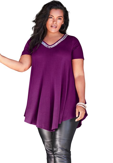 Roamans Roamans Womens Plus Size Swing Drape Tunic Short Sleeve V