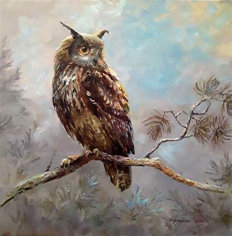 Great Owl On A Tree Branch At Dawn Owl Oil Painting On Canvas Made To