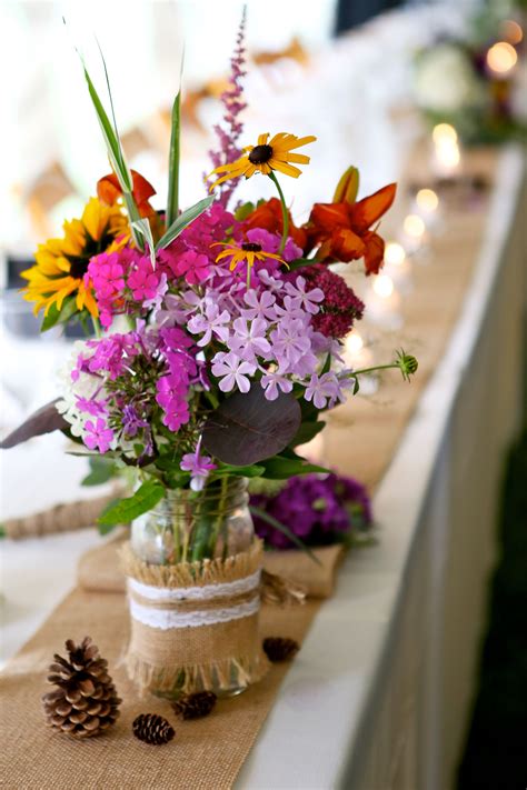 Diy Wildflower Centerpieces Wrapped With Burlap And Lace