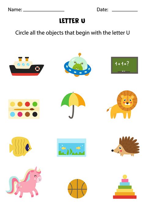 Letter Recognition For Kids Circle All Objects That Start With U