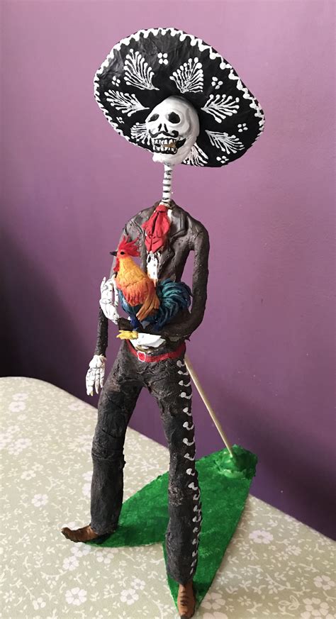 Dia De Los Muertos Mariachi With Rooster Made From Wire Cold Porcelain