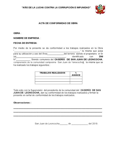 Modelo De Acta De Conformidad De Entrega De Obra Noticias Modelo