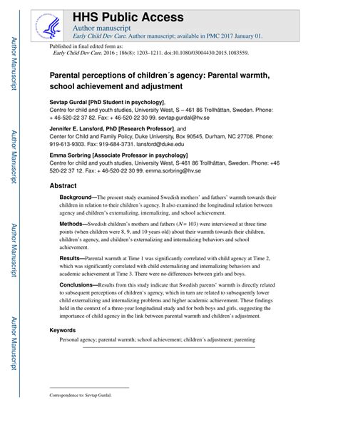 Pdf Parental Perceptions Of Childrens Agency Parental Warmth