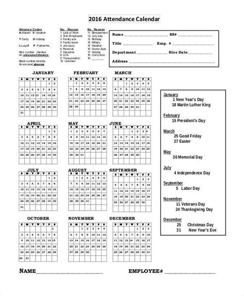 Attendance Calendar Template 2016 Hq Printable Documents