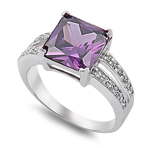 Mens Sterling Silver Princess Cut Violet Purple Color Cz Engagement