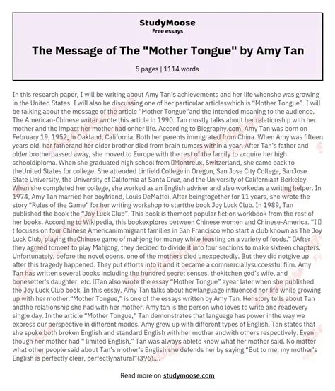 The Message Of The Mother Tongue By Amy Tan Free Essay Example