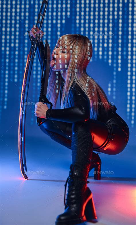 Cyberpunk Woman Licks Her Dagger Holding Sword Stock Photo By Fxquadro