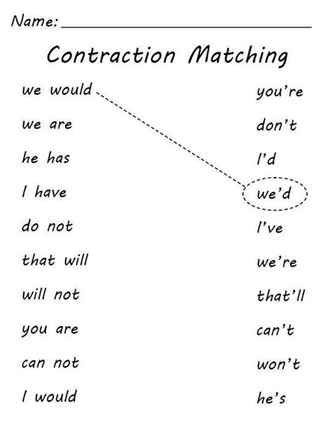 Contractions Matching Worksheet
