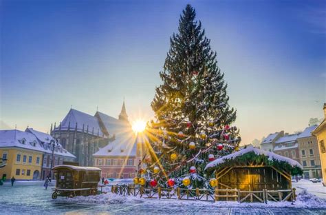 Romania Brasov Sunset Light Over The Adorned Christmas Tree In The