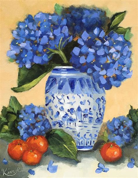 Still Life With Blue Hydrangeas And Clementines Blue And White Vase