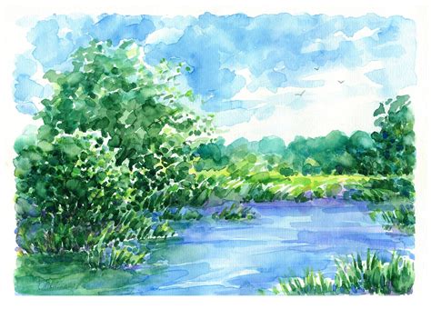 Lake Painting Original Watercolor Summer Landscape Artwork Etsy
