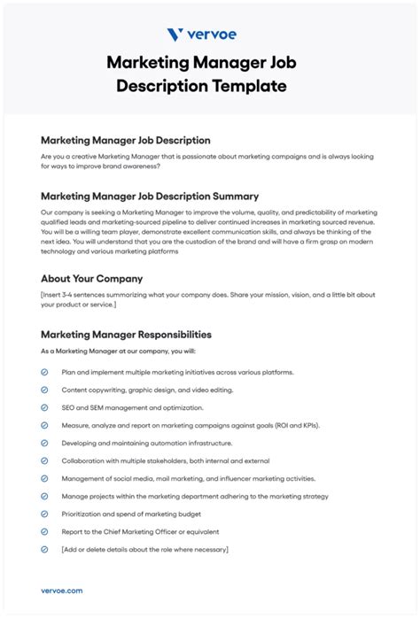 Marketing Manager Job Description Sample Free Pdf Vervoe