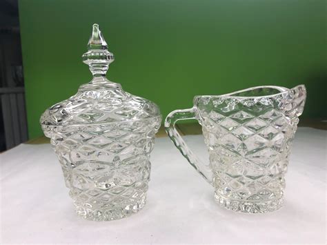 Vintage Fine Heavy Clear Glass Diamond Pattern Creamer And Sugar Bowl Set With Gorgeous Shape