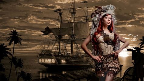 Steampunk Pirate Artistic Pretty Bold Bonito Sunset Woman Seagulls Women Hd Wallpaper