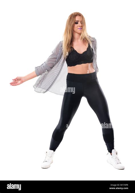 Active Young Sporty Aerobics Jazz Dance Instructor Dancing And Moving Arms Full Body Length