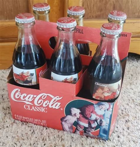 6 Pack 1995 Unopened Glass Coca Cola Classic Bottles 8 Oz Christmas