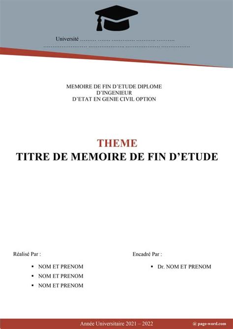 Modèle De Page De Garde De Mémoire Dingénierie Page Word