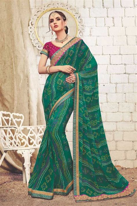 Dark Green Occasional Wear Georgette Bandhani Sadi With Lace Border And Blouse Material 7106