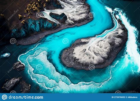 Dark Turquoise Water And White Iceland Aerial River Streaks Stock
