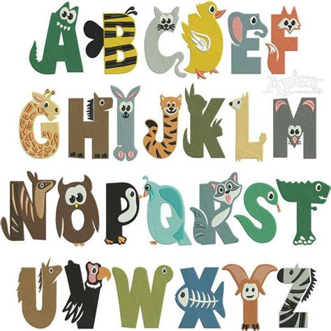 Cartoon Animal Alphabet Machine Embroidery Font 3 Sizes 15 25 And 3