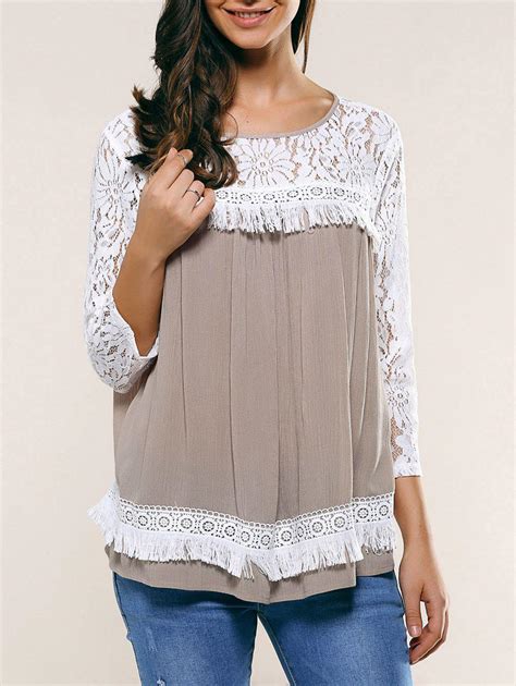 [19 off] lace patchwork fringed blouse rosegal