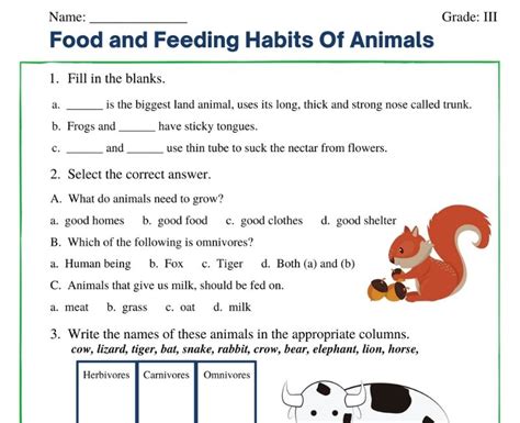 Class 3 Worksheets On Food And Feeding Habits Of Animals A
