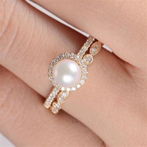 Akoya Pearl Engagement Ring Set Rose Gold Art Deco Wedding Band