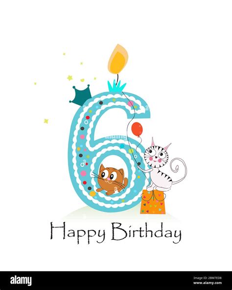 Happy Sixth Birthday Candle With Cute Cats Birthday Greeting Card Stock