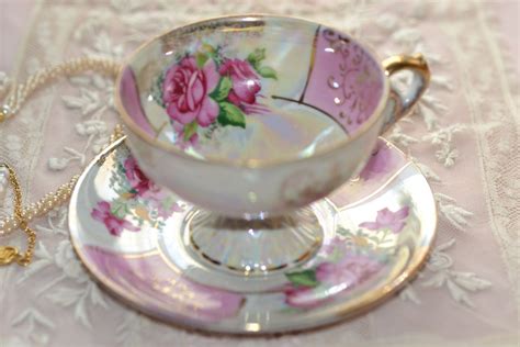 Pink Roses Footed Teacup And Saucer Rosé Theme Gold Chic Rose Cottage