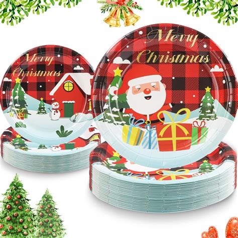 Amazon Com Duocute Christmas Paper Plates Counts Inch And Inch Xmas Santa Buffalo Plaid