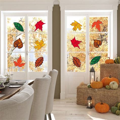 Autumnfall Leaves Window Clings Faux Stained Glass Etsy