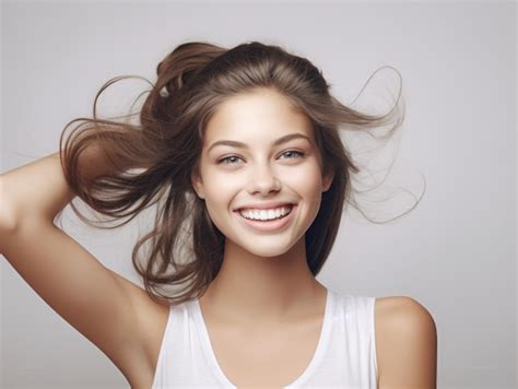 Premium Ai Image Smiling Young Pretty Woman Is Holding Her Hair To