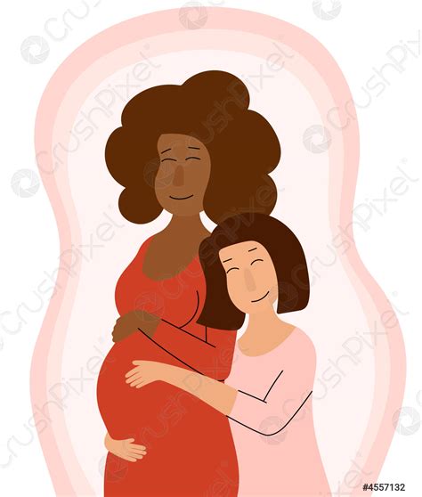 Lesbiana Pareja Interracial Abrazos Embarazada Afroamericana Mujer Feliz Mujeres Del Vector De