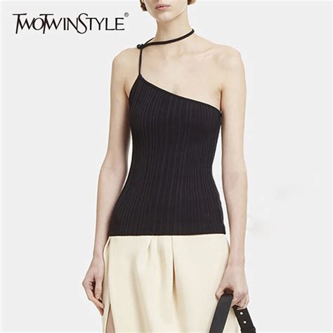 Twotwinstyle Knitting Vest For Women Sleeveless Off Shoulder Halter Sexy Spaghetti Strap Top