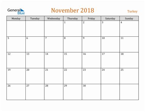 Free November 2018 Turkey Calendar
